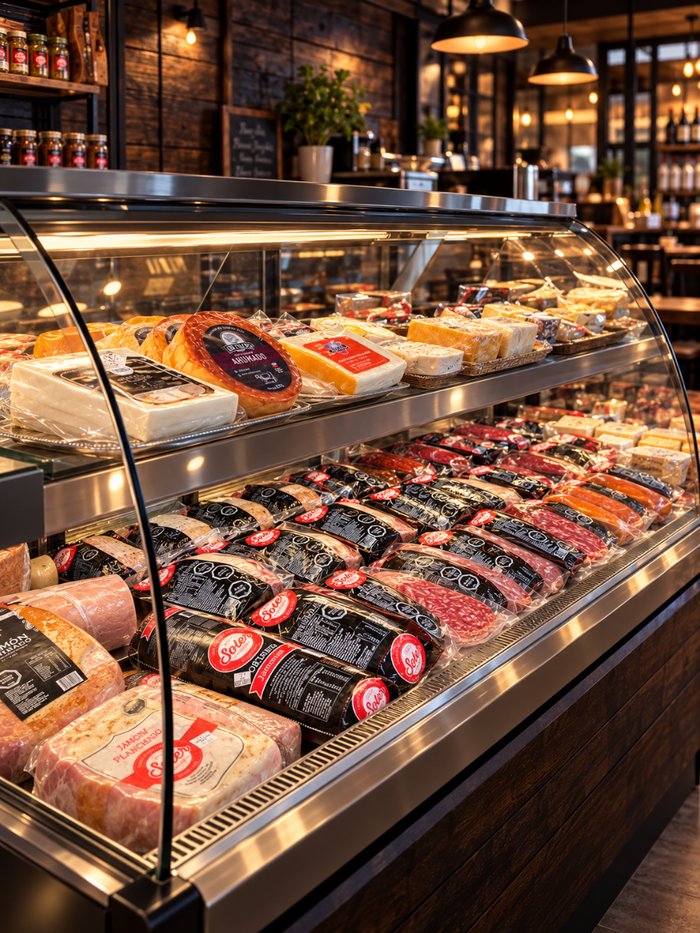 Vitrina refrigerada de local con quesos, jamones y cecinas Soler