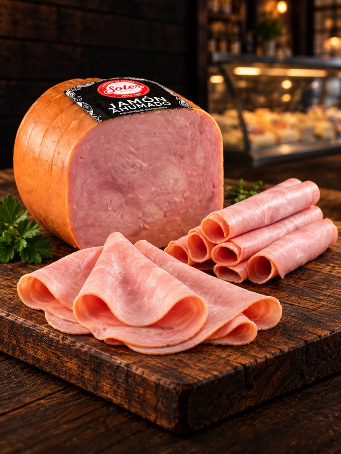 Jamón ahumado Soler entero y en fetas, sobre tabla de madera